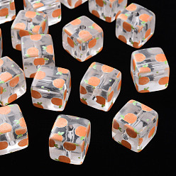 Orange Transparent bedruckten Acryl-Perlen, Quadrat mit Fruchtmuster, orange Muster, 16x16x16 mm, Bohrung: 3 mm