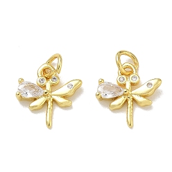 Oro Micropavé de latón con circonitas cúbicas transparentes y dijes de vidrio, encantos libélula, chapado en rack, larga duración plateado, sin plomo y cadmio, dorado, 12.5x12.5x2.5 mm, agujero: 3 mm