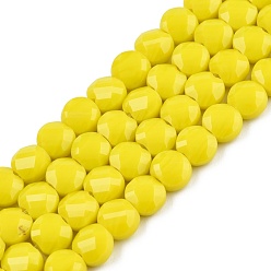 Желтый Непрозрачные сплошные цветные стеклянные бусины, граненые, плоско-круглые, желтые, 6.5x3.5 мм, отверстие : 1.2 мм, около 98~100 шт / нитка, 21.65 дюйм ~ 22.44 дюйм (55~57 см)