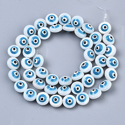 Cornflower Blue Natural Freshwater Shell Beads, Enamelled Sequins, Flat Round with Evil Eye, Cornflower Blue, 8x6mm, Hole: 0.8~1mm