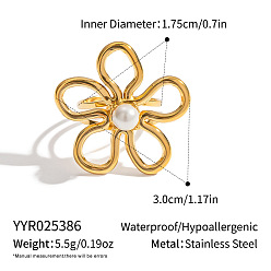 Настоящее золото 18K Европейский стиль 304 Кольца-манжеты из нержавеющей стали с полыми цветами для женщин, с круглой имитацией жемчуга, реальный 18 k позолоченный, размер США 7 1/4 (17.5 мм)