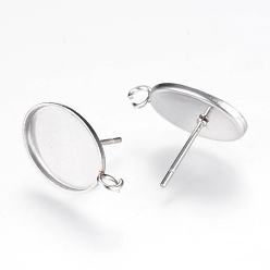 Stainless Steel Color Non-Tarnish 304 Stainless Steel Stud Earring Settings, with Loop, Oval, Stainless Steel Color, Tray: 14x10mm, 18x11mm, Hole: 2mm, pin: 0.8mm