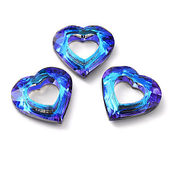 Royal Blue Electroplated Glass Pendants, Back Plated, Faceted Heart Charms, Royal Blue, 24.5x26x6mm, Hole: 11x13mm