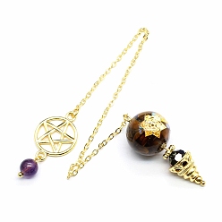 Тигровый глаз Натуральный маятник с тигровым глазом большие подвески, неокрашенными, с позолоченными металлическими находками, конус очарование, 220 мм