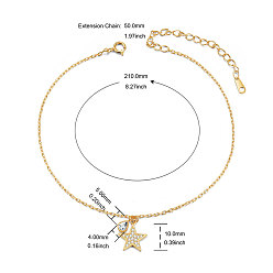Golden SHEGRACE 925 Sterling Silver Charm Anklet, with AAA Cubic Zirconia, Star and Flat Round, Golden, 8.3 inch(21cm)