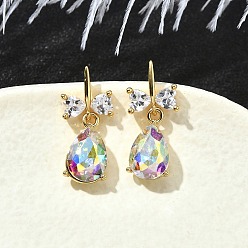 Настоящее золото 18K Серьги-гвоздики из латуни в форме каплевидной формы, с прозрачным кубическим цирконием и стеклом, без кадмия и без свинца, долговечный, стойки покрытие, реальный 18 k позолоченный, 22x9 мм