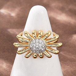 Настоящее золото 18K Латунные микро проложить манжеты кольца кубического циркония, цветок, реальный 18 k позолоченный, 15x25 мм
