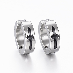 Stainless Steel Color 304 Stainless Steel Clip-on Earrings, with Enamel and Cross, Stainless Steel Color, 13x4mm