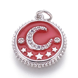 Красный Латунные микро проложить кубического циркония подвески, с эмалью, плоские круглые с Луны и звезды, платина, красные, 18x16.5x2 мм, отверстие : 3.5 мм