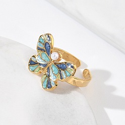 Бабочка 304 открытые кольца-манжеты из нержавеющей стали для женщин, с эмалью, бисера имитации жемчуга, золотые, бабочка, 18 мм, Бабочка: 15.5x21 mm