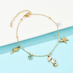 Настоящее золото 18K 304 женские браслеты на ногу из нержавеющей стали с подвесками в виде морских коньков, морской звезды и раковин, паве из темно-синего кубического циркония, ионное покрытие (ip), белые, реальный 18 k позолоченный, 8-1/2 дюйм (217 мм)