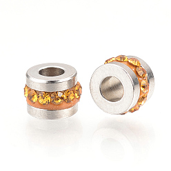 Свет Топаз 201 бусины из нержавеющей стали, полимерной глины, инкрустированные стразами, колонка, цвет нержавеющей стали, светлый топаз, 7x5 мм, отверстие : 3 мм