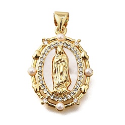 Настоящее золото 18K Латунные микропаве кубические цирконии АБС имитация жемчуга подвески, без кадмия и без свинца, с оболочкой, Дева Мария, реальный 18 k позолоченный, 23.5x17.5x3.5 мм, отверстие : 3.5x4.5 мм