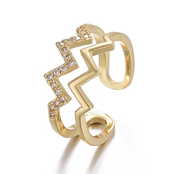 Golden Adjustable Brass Micro Pave Cubic Zirconia Cuff Rings, Open Rings, Long-Lasting Plated, Wave, Clear, Golden, US Size 7 1/4(17.5mm)