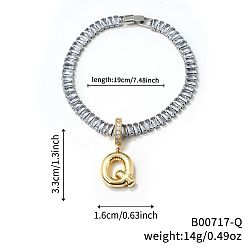 Letter Q Модные латунные браслеты с подвесками, кубический цирконий теннисные браслеты для женщин, буквы, Буква Q, 7-1/2 дюйм (19 см)