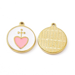 Pink Vacuum Plating 201 Stainless Steel Pendants, with Enamel, Real 18K Gold Plated, Flat Round with Heart Charm, Pink, 23.5x20x2.7mm, Hole: 1.7mm