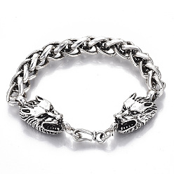 Antique Silver Men's Alloy Wheat Chain Bracelets, Dragon, Antique Silver, 8-7/8 inch(22.5cm)
