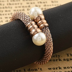 Розовое Золото 304 открытые манжеты из нержавеющей стали для женщин, с пластиковой имитацией жемчуга, ионное покрытие (ip), розовое золото , размер США 7 1/4 (17.5 мм)