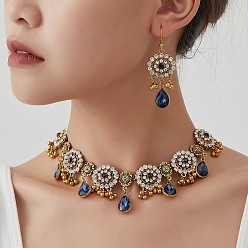 Монтана Комплекты из ожерелий и серег-подвесок из сплава со стразами, цветок с каплей, золотые, Монтана, Ожерелье: 460 mm