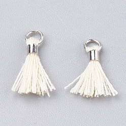 Кукурузный Шелк Кулон с кисточкой из поликоттона (полиэстер), мини-кисточка, с латунными застежками и железными кольцами, платина, цвет колоса кукурузы, 10~15x3~4 мм, отверстие : 2 мм