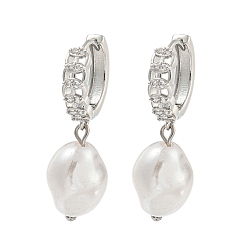 Платина Серьга-кольцо из латуни с микропаве, покрытие стойки, прозрачный кубический цирконий, без кадмия и без свинца, долговечный, с ABS имитации жемчуга, овальные, платина, 32x11 мм