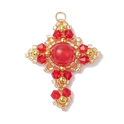 Малайский Нефрит Подвески из натурального малайзийского нефрита (окрашенного) и стеклянных и латунных бусин, крест прелести, золотые, красные, 33x26x8 мм, отверстие : 2.8 мм