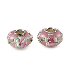 Indian Red Lampwork & Brass Core European Beads, Large Hole Beads, Rondelle with Flower, Indian Red, 15x7.5mm, Hole: 4mm