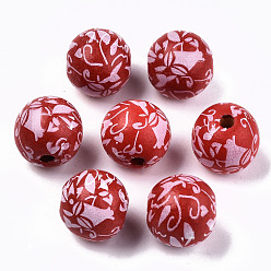 Красный Набивные натуральные деревянные бусины, круглый с узором в виде лепестков, красные, 14x13 мм, отверстие : 3 мм