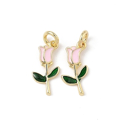 Pink Латунь эмаль прелести, цветок, стойки покрытие, долговечный, без свинца и без кадмия, с целью перехода в кольце, реальный 18 k позолоченный, розовые, 13x6.5x1.5 мм, отверстие : 2 мм
