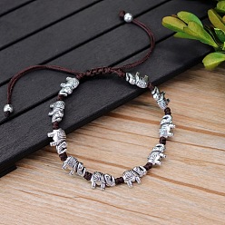 Слон Браслеты из плетеных бусин из сплава, регулируемые плетеные браслеты из полиэфирного шнура для мужчин и женщин, античное серебро, слон, 5-7/8 дюйм (15 см)