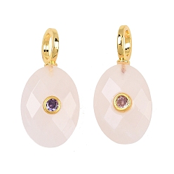 Rose Quartz Natural Rose Quartz Pendants, Faceted Oval Charms with Brass Micro Pave Cubic Zirconia(Random Color) Findings, Golden, 27.5x13.5x6.5mm, Hole: 5.5mm