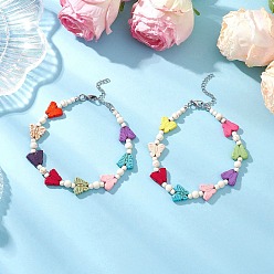 (52) Непрозрачная лаванда Браслеты на ногу с круглыми бусинами в виде бабочек из окрашенной синтетической бирюзы, платина, разноцветные, 9-3/8 дюйм (237 мм)