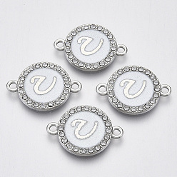 Letter U Verbindungsstücke aus Aluminium, mit Kristall Strass, flach rund mit Brief, Silberfarbe überzogen, letter.u, 22x16x2 mm, Bohrung: 1.8 mm