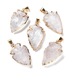 Хрусталь Кулоны из необработанного грубого натурального кристалла кварца, подвески в виде наконечника стрелы из горного хрусталя с золотистыми латунными застежками на дужках, 27~39x17~22x6~11 мм, отверстие : 7x4 мм