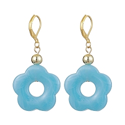 Sky Blue Acrylic Flower Dangle Leverback Earrings, Golden Brass Earrings, Sky Blue, 53x27mm