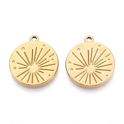 Настоящее золото 18K 304 подвески из нержавеющей стали, плоский круглый с солнечным шармом, ионное покрытие (ip), реальный 18 k позолоченный, 25.5x22x2 мм, отверстие : 2 мм