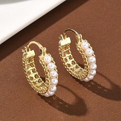 Настоящее золото 18K Латунные серьги обруча, с пластмассовой жемчужиной abs, без кадмия и без свинца, долговечный, стойки покрытие, цепочка-оберег, реальный 18 k позолоченный, 23.5x22.5x5.5 мм