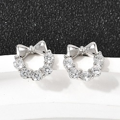 Платина Серьги-гвоздики с бантом 925 из стерлингового серебра с микропаве из прозрачных кубических цирконий, платина, 9.5x10 мм