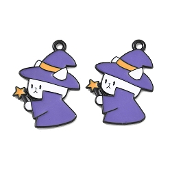 Purple Halloween Alloy Enamel Pendants, Cat Shape Witch Charms, Black, Purple, 27x20x1mm, Hole: 1.8mm
