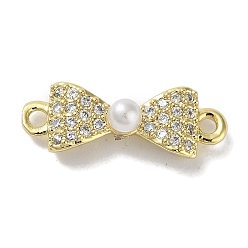 Настоящее золото 18K Покрытие стойки латунное микропаве прозрачные звенья кубического циркония, Подвески с бантиком и пластиковой имитацией жемчуга, без свинца и без кадмия, долговечный, реальный 18 k позолоченный, 18x6x5.5 мм, отверстие : 1.4 мм