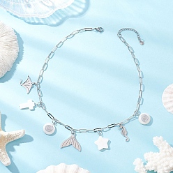 Whale Цепочка-скрепка из латуни с подвеской из сплава и натуральной белой ракушки для женщин, платина, Whale Tail, 16.50 дюйм (41.9 см)