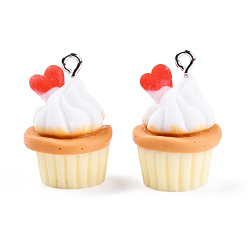 Red Opaque Resin Pendants, Imitation Food, with Platinum Plated Iron Loop, Cake, Red, 25~26x17x17mm, Hole: 2mm