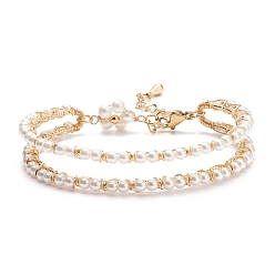 Golden Shell Pearl Beaded Open Cuff Bangle with Flower, Brass Wire Wrap Bangle with Safety Chains for Women, Golden, Inner Diameter: 2-1/4 inch(5.8cm)
