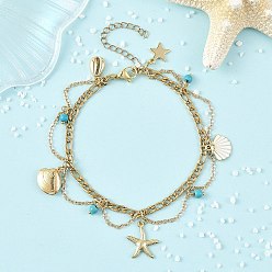Golden Ocean Synthetic Turquoise Beads & Alloy Starfish Shell Shape Charm Anklets with 304 Stainless Steel Cable Chain Tassel for Women, Golden, 8-1/4 inch(210mm)
