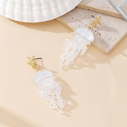 White Alloy Acrylic Stud Dangle Earrings for Women, Jellyfish, Golden, White, 70x25mm