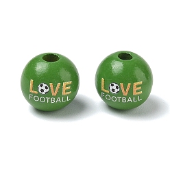 Sea Green Wood European Beads, Round with Word Love Football Pattern, Large Hole Beads, Sea Green, 16x15mm, Hole: 4mm