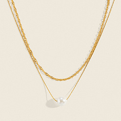 Chapado en Oro Real 18K 304 Collares de doble capa de acero inoxidable con colgantes redondos de perlas sintéticas blancas para mujer, real 18 k chapado en oro, 15.35 pulgada (39 cm)