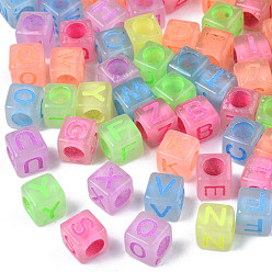 Mixed Color Luminous Transparent Acrylic Beads, Glow in the Dark, Cube with Letter, Mixed Color, 6x6x6mm, Hole: 3.5mm, about 2900~3000pcs/500g