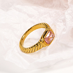 Pink 304 женские перстни из нержавеющей стали с кубическим цирконием, прямоугольные, реальный 18 k позолоченный, граненые, розовые, размер США 8 (18.1 мм)