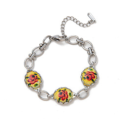 Нержавеющая Сталь Цвет 304 браслеты из нержавеющей стали с эмалированными звеньями для женщин, цветок, цветок и овал, желтые, цвет нержавеющей стали, 7.09 дюйм (18 см)
